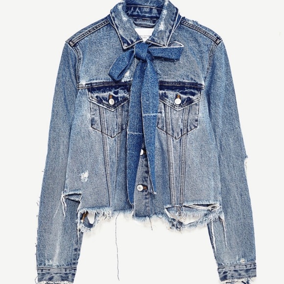Zara Jackets & Blazers - Zara Distressed Denim Jacket Neck Tie